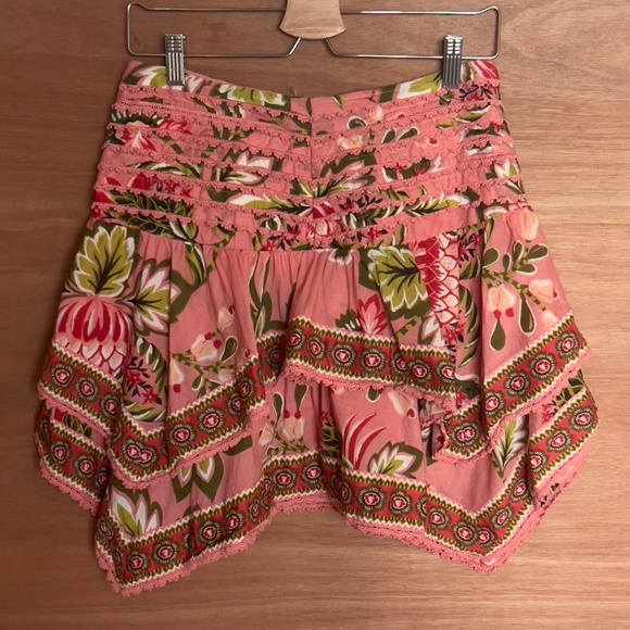 Farm Rio Aura Tiered Floral Miniskirt Size S Small cotton pink floral lace lined - Picture 2 of 7